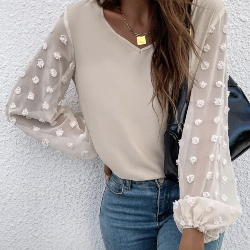 COPY - Cream bishop polka dot sleeve blouse top M